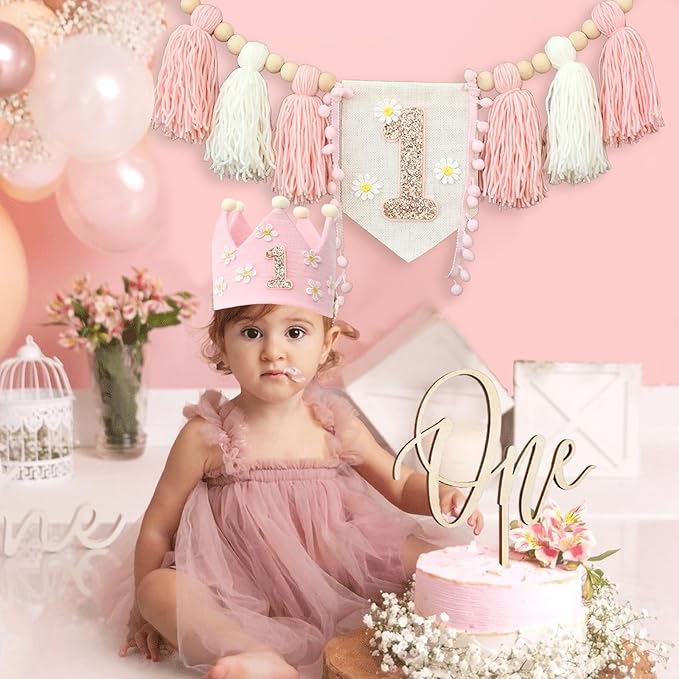 Daisy 1st Highchair Wood Bead Tassel Garland Crown Hat Wooden Cake Topper Birthday Baby Shower Decorations
