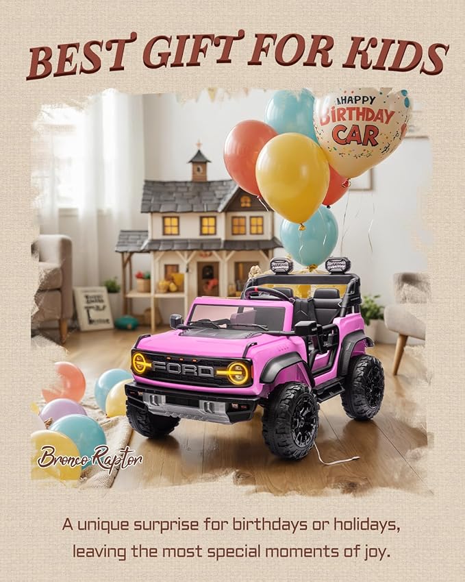 First Ride On 24V Ride on Toys for Big Kids, Licensed Ford Bronco Raptor 2 Seater Ride on Cars with Remote Control, Ride on Truck w/ 4-Wheeler Suspension, 3 Speeds, Led Lights, Bluetooth (24V, Pink) | First Ride On, 24V, for Big Kids, 2 Seater, with Re...