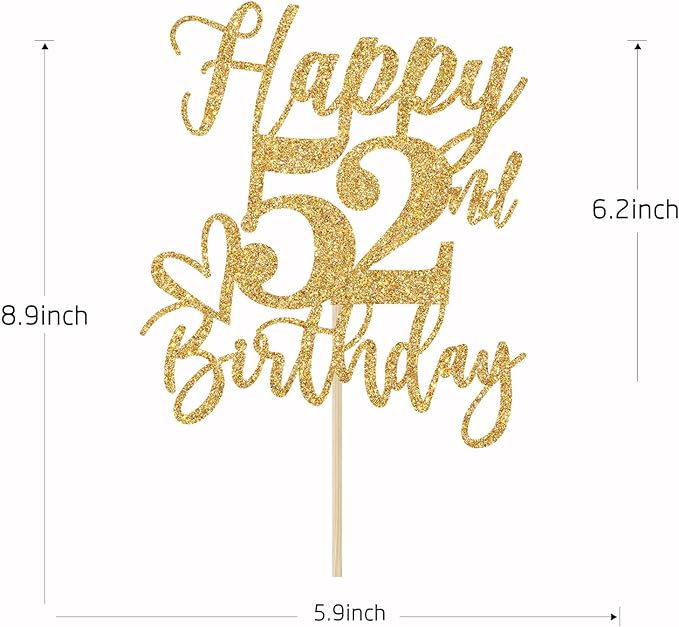Happy 52nd Birthday Cake Topper, 52 Birthday Decorations for Women/Men, Cheers to 52 Years, Hello 52, 52nd Happy Birthday Party Supplies Gold Glitter