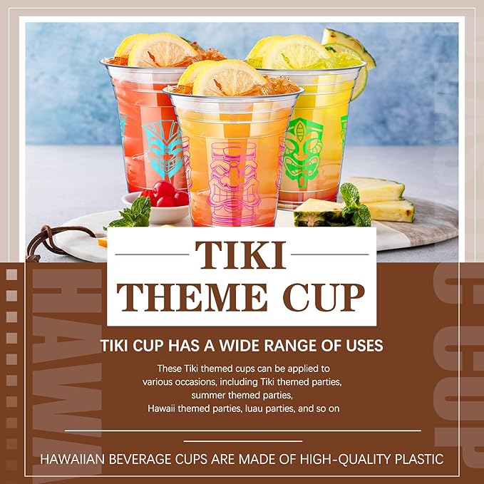 Pinkunn100 Pcs Tiki Plastic Cups Bulk Clear Plastic Mug Cups 16OZ Themed Luau Mug Hawaiian Party Drinking Tumblers for Hawaiian Party Supplies(Tiki)