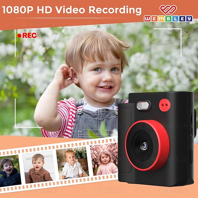 Wembley Kids Camera Instant Print | Birthday Gift Toys for Boys & Girls 3–10 Years | Unicorn Digital Dual Lens Toddler Camera Thermal Printer | 48MP 1080P Selfie & Video | 16X Zoom 32GB SD Card -Black