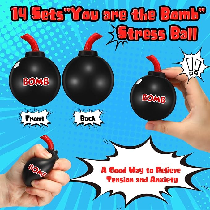 12 Set Bomb Stress Ball 'You Are the Bomb' With Cards - Novelty Stress Relief Foam Toy for Anxiety - Gag Gifts for Party, Boys, Girls, Adults, Coworkers