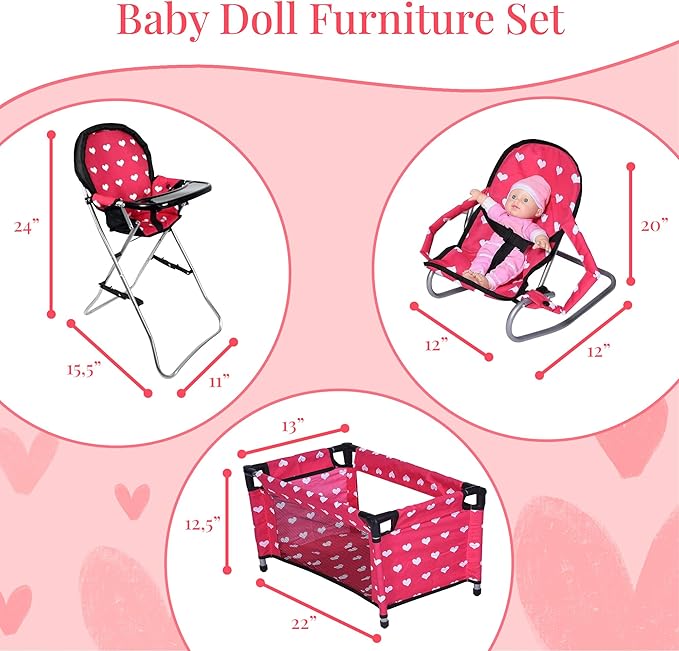 Mega Baby Doll Accessories Set, 3-1 Baby Doll Crib, Baby Doll High Chair & Bouncer Seat. 18 inch Doll Accessories with Doll Bed. 18" Dolls Furniture Play Stuff. Toys for Girls Ages 3-5,4-6,5-7,8-10