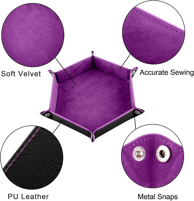 SIQUK 2 Pieces Dice Tray PU Leather Dice Trays Folding Hexagon Dice Holder Tray for Dice Games Like RPG, DND and Other Table Games (Gray and Violet)