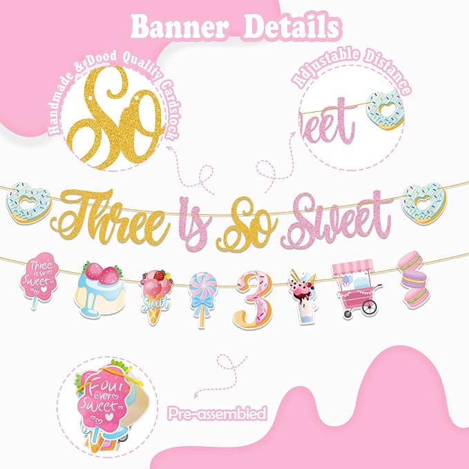 3rd Happy Birthday Decorations for Girls- third pink birthday decorations, ice cream birthday party decor With Donut Banner Sweet Cake Topper 3rd Foil Balloon For Three Donut Themed Party