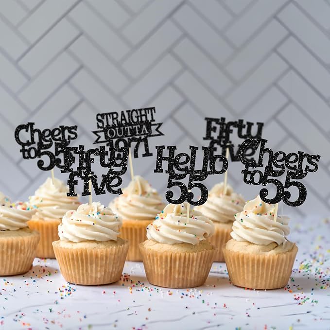Ephlyn 24Pcs 55th Birthday Cupcake Toppers Glitter Straight Outta 1971 Cupcake Picks Hello 55 Cheers to 55 Years Cake Decorations for 55th Birthday Anniversary Party Decorations Supplies Black