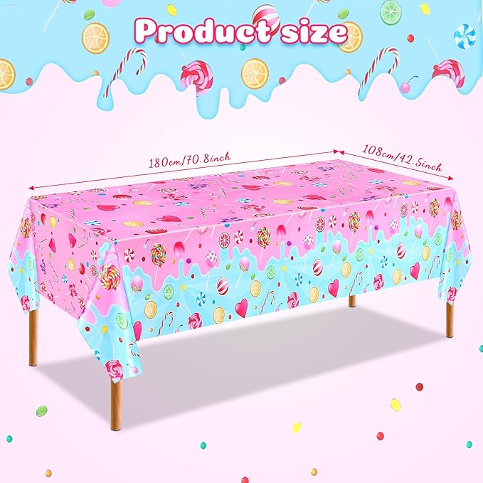 2 Pieces Candyland Plastic Tablecloth Candyland Sweet Party Decorations Colorful Lollipop Pink Table Covers for Candy Land Birthday Baby Shower Sweet Party Supplies