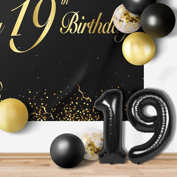 Happy 19th Birthday Balloons Black Set Decor - Cheers to 19 Years Old Party Theme Garland Banner Backdrop Decorations For Women and Men Supplies