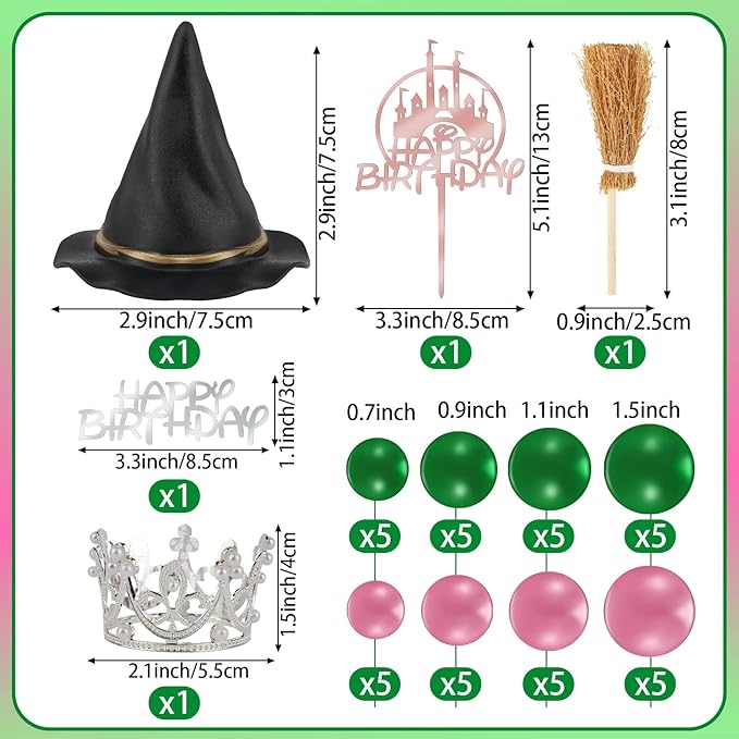 44 Pieces Pink and Green Cake Decorations with Mini Black Witch Hat, Silver Crown, Broom, Balloons, Happy Birthday Cake Topper for Girls Women Princess Witch Birthday Party Decorations Supplies