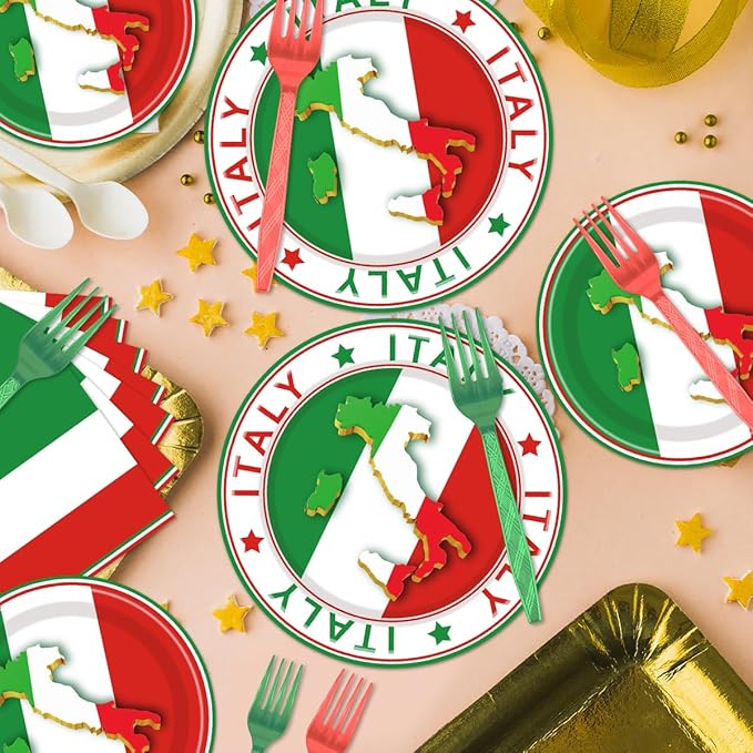 96 Pcs Italian Party Decorations, Italian Flag Plates and Napkins Party Supplies, Italian Theme Tableware Set, Red White and Green Party Decors Favors Disposable Dinnerware Serve 24 Guests