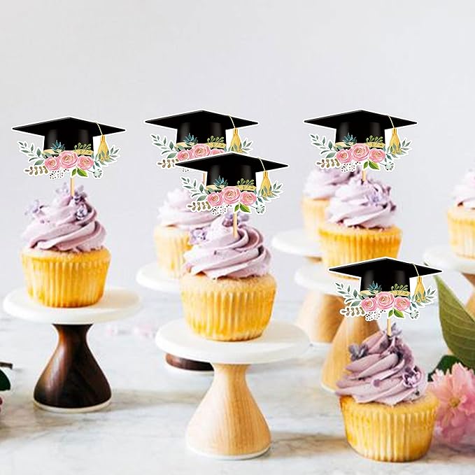 Cyodoos24 PCS Graduation Theme Cupcake Toppers Flower Graduate Cupcake Picks Students Graduation Theme Party Cake Decorations Supplies
