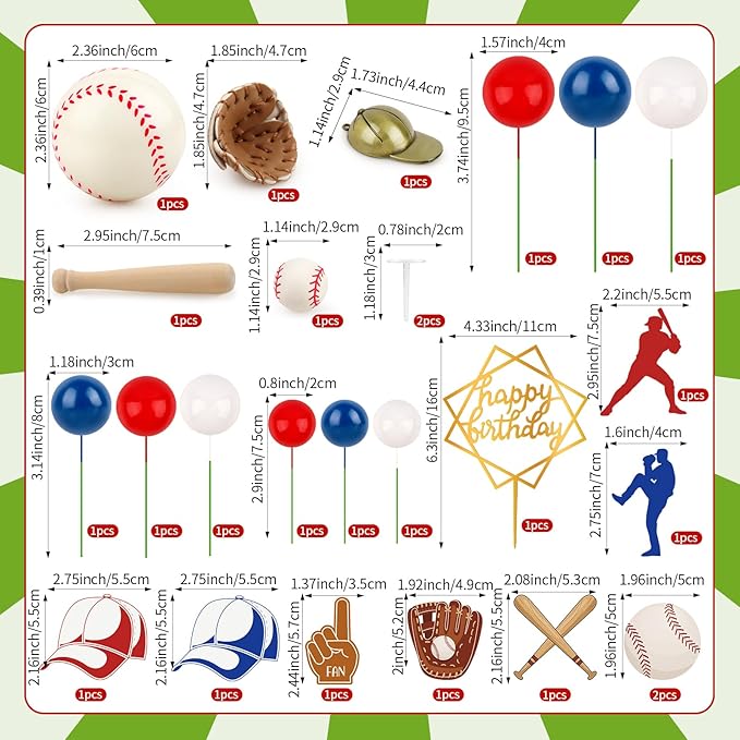 Hooqict 26Pcs Baseball Cake Decorations Set with Mini Balls, Player, Caps, Gloves, Bats, Baseball Birthday Cake Toppers & Cupcake Toppers for Boys Men Sports Themed Birthday Party Decorations Supplies
