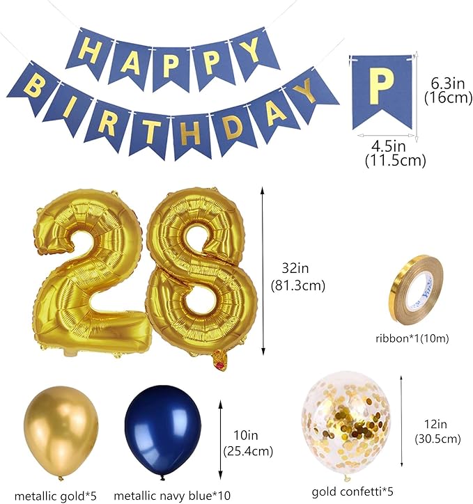 28th Birthday Decoration for Men, Navy Blue Gold 28th Party Balloons Supplies, 28th Happy Birthday Banner Number 28 Foil Metallic Confetti Balloons for Men Him Women Her 28th Birthday Party(28th)
