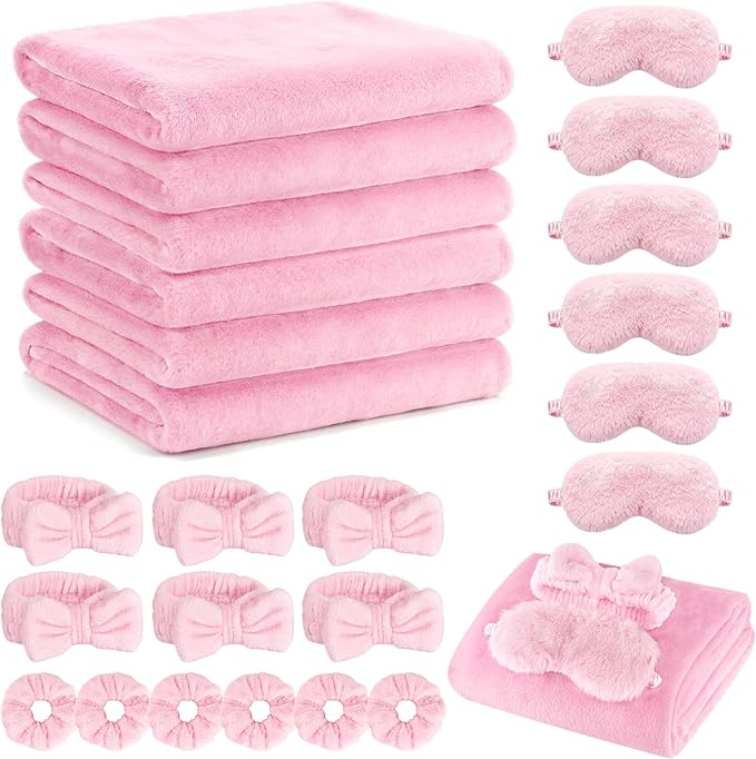 Sleepover Party Supplies for Girls, Spa Slumber Favor with Blanket Headband Eye Mask Hair Scrunchies (Pink 24Pcs)
