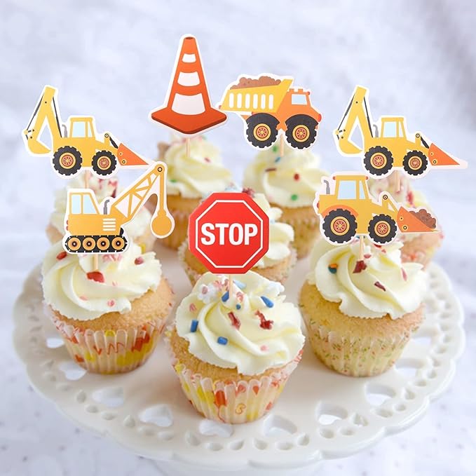36 Pack Construction Cupcake Toppers Dump Truck Excavator Tractor Party Stop Sign Cupcake Picks Kids Birthday Construction Theme Baby Shower Party Cake Decorations Supplies
