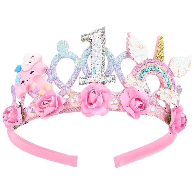 SuPoo First Birthday Decorations for Girl 1st Birthday Crown Headband Pink Hair Band Princess Tiara One Year Old Birthday Party Decorations Outfit Accessory