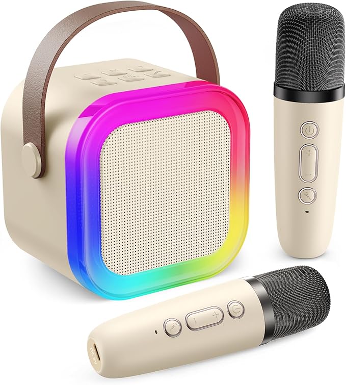 Fede Karaoke Machine for Kids Adults, Mini Karaoke Machine with 2 Wireless Microphones, Portable Bluetooth Speaker with Voice Changing Effects & LED Lights, Best Gifts Toys for Girls and Boys