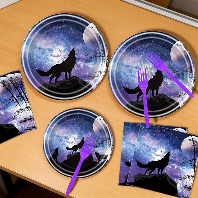 Wolf Birthday Party Tableware, Wolf King Party Supplies, Galaxy Wolf Birthday Decorations Wolf Theme Paper Plate