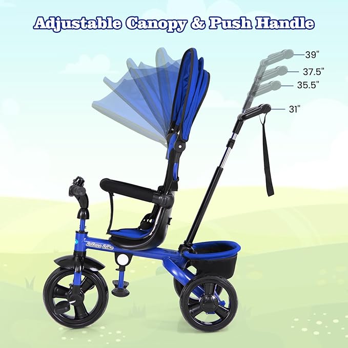 INFANS Kids Tricycle, 6 in 1 Stroll Trike with Adjustable Push Handle, Removable Canopy, Retractable Foot Plate, Lockable Pedal, Detachable Guardrail, Suitable for 10 Months to 5 Years (Blue)