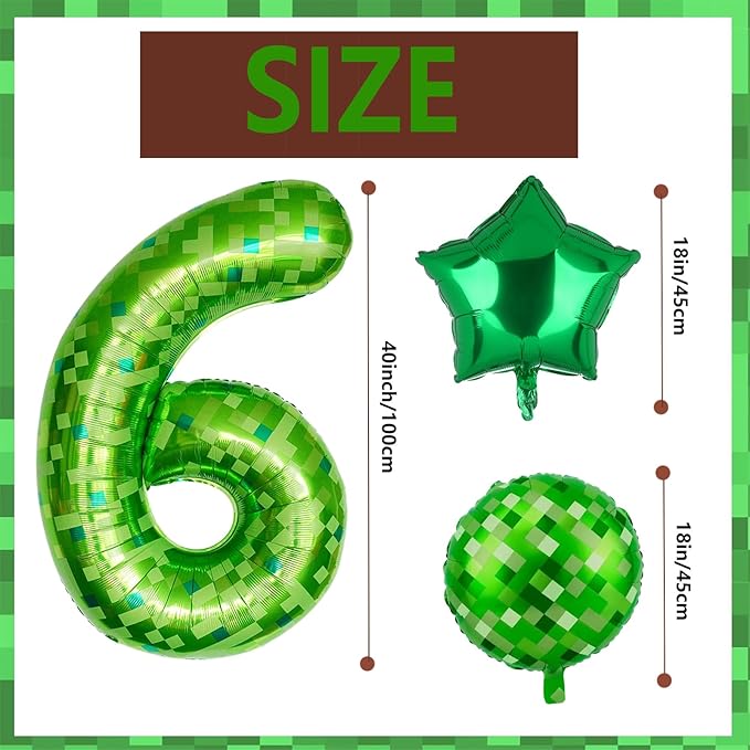 40 Inch Green Pixel Miner Number 6 Foil Balloon Set 5Pcs Large Mylar Mining Theme 6th Number Balloons Pixel Cubes Video Game Birthday Party Decorations