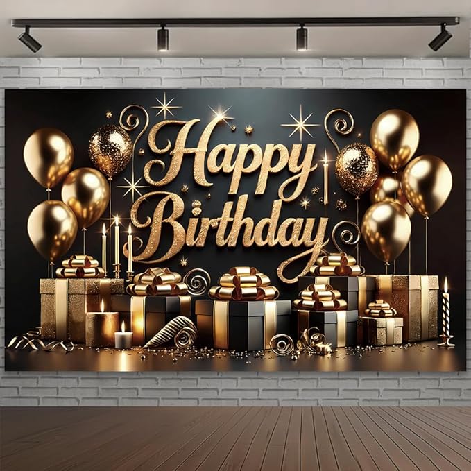 Black Glod Birthday Party Backdrop Luxury Black Glod Happy Birthday Banner Photography Background for Home Decorations Party Supplies 70.8 x 47.2 Inch