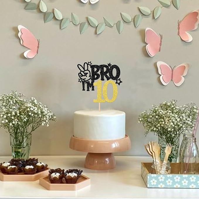 1 PCS Brother I'm 10 Cake Topper Glitter Star Happy 10th Birthday Cake Pick Bro I'm 10 Cake Decoration It's My 10th Birthday Decorations for Boys Cheers to 10 Years Old Birthday Party Supplies Gold