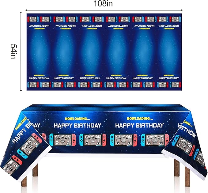 2Pcs Blue Video Game Party Tablecloth | 54 x 108 In| Video Game Birthday Party Decoration Rectangular Disposable Plastic Table Cover, Game Birthday Party Supplies for Boys Girls Kids Party Decorations