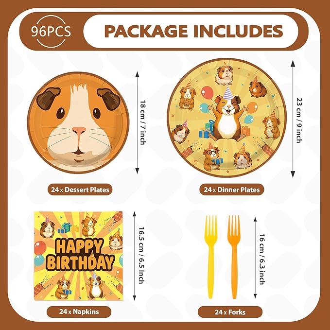 96Pcs Guinea Pig Birthday Party Decorations Hamster Happy Birthday Plates and Napkins Sets Brown Guinea Pig Decorations for Boys Girls Animal Theme Bday Party Supplies Serves 24