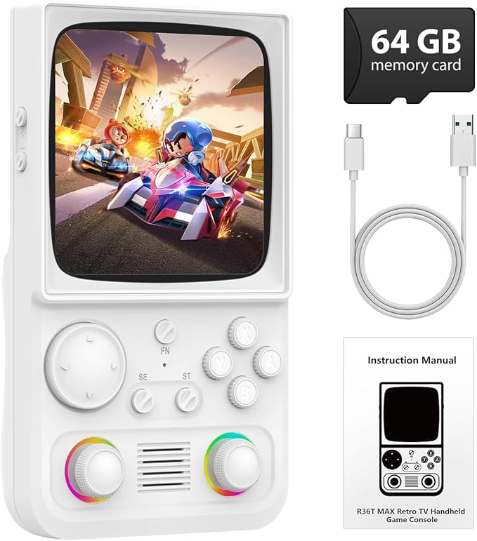 R36TMAX Handheld Game Console, Retro Gaming Console with 22,000+ Classic Games, 4.0 Inch IPS HD Screen, Supports WiFi Networked Fighting and OTG, 4000mAh Battery (White 128GB)