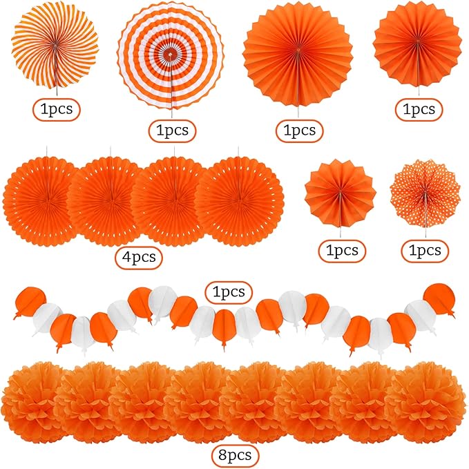 Orange Party Decorations, Papar Fans Pompoms Fans Garlands for Halloween Birthday Bridal Baby Shower Wedding Graduation Spring Festival Party Decorations