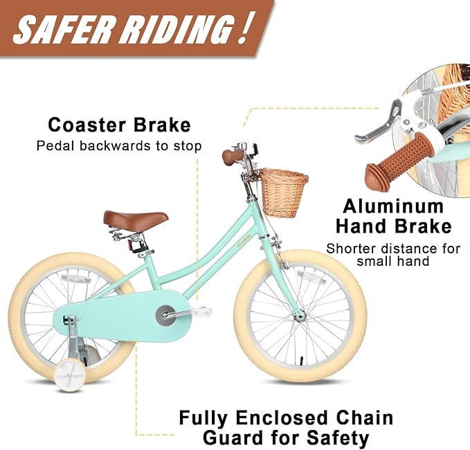 Petimini Vintage Kids Bike for Girls, 12–20 Inch Classic Bicycle with Wicker Basket & Bell, High Tensile Steel Frame, Training Wheels (12–18”), 85% Pre-Assembled, Retro Bike for Outdoor Riding