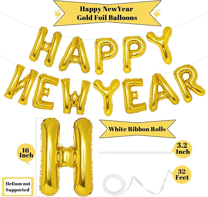 Gold Happy New Year Balloons, 16 Inch Gold Happy New Year Banner Decorations 2024, NYE Decorations 2024 Backdrop Eve Party Supplies