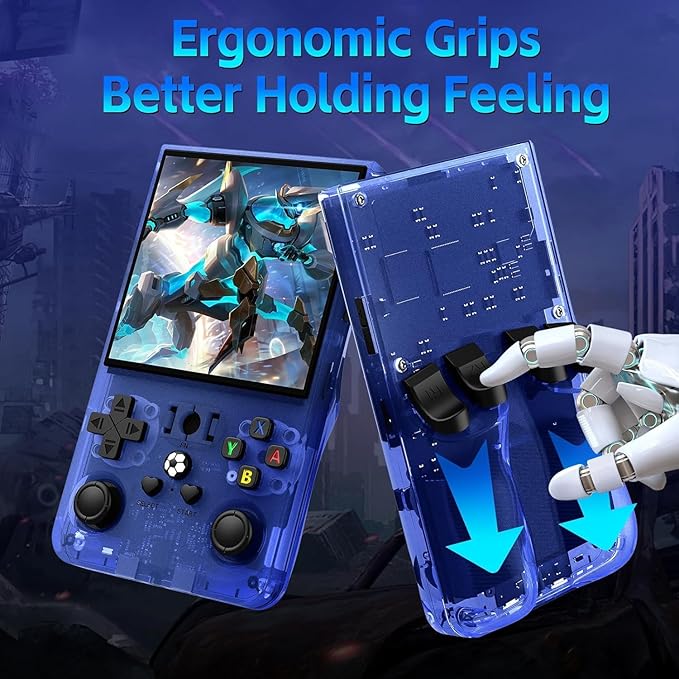 R36MAX Handheld Game Console, Retro Gaming Console with 4000mAh Battery 4.0”IPS Screen, Open Source Linux System, with 64GB TF Card Portable Video Gaming Console, Transparent Blue