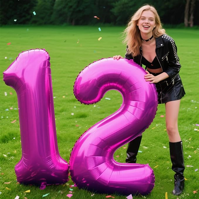40 Inch Large 12 Balloon Numbers Rose Purple Big Foil Number Balloons Giant Helium Happy Birthday Party Decorations for Man and Women, Huge Mylar Anniversary Party Supplies