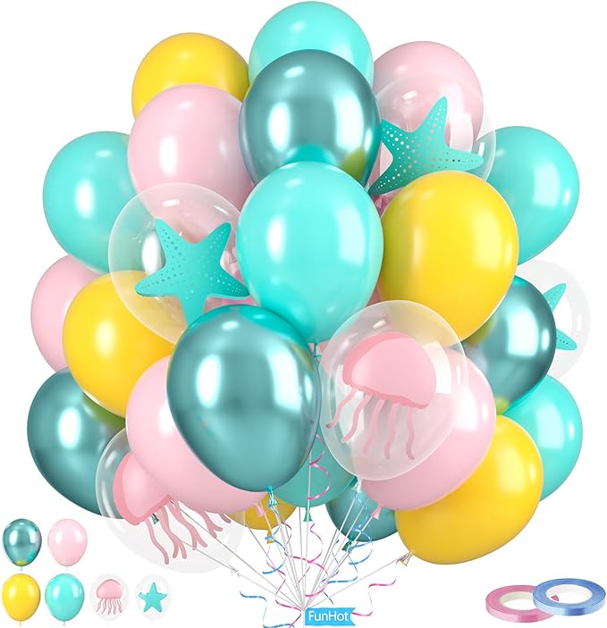 Blue and Yellow Balloons, 50Pcs 12 Inch Macaron Pink Blue Teal Yellow Metallic Green Clear Balloons for Boys Girls Ocean Birthday Beach Party Decorations Sea Baby Shower Supplies