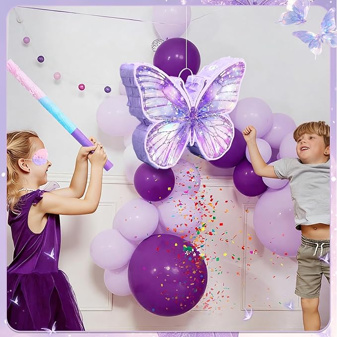 Butterfly Piñata for Birthday Party Supplies Purple Butterfly Piñata Decorations with Pink Purple Stick and Blindfold for Birthday Party Decorations Game Supplies