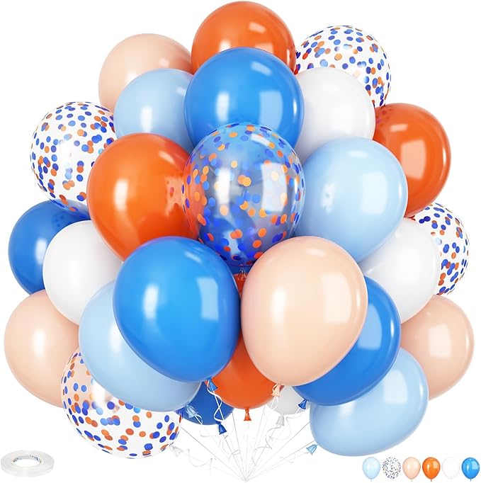 Orange and Blue Balloon, 12 Inch Blue White Orange Balloons Pastel Orange Balloons, Light Blue and White Confetti Balloon for Kids Birthday Baby Shower Graduation Engagement Party Decor