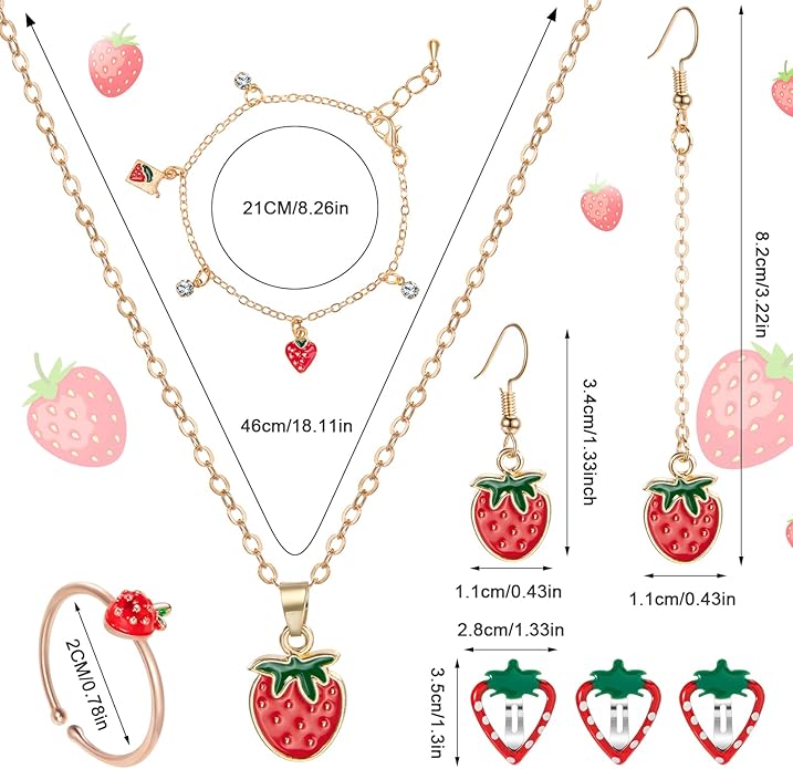 Strawberry Crossbody Bag Jewelry Set for Women Teen Girls, Strawberry Purse Cute Fruit Necklace Bracelet Earrings Ring Hair Clips Set Princess Dress up Pretend Play Jewelry Gifts