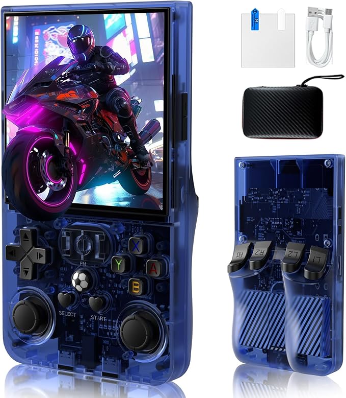 R36MAX Handheld Game Console, Built-in 4000mAh Battery, 4K HD 4" IPS Glass Screen, Supports 18000+ Classic Games, Linux-Based Retro Gaming Console (Blue)