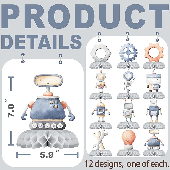 12 Pack Robot Table Decorations - Robot Party Decorations for Kids' Birthday and Baby Shower - Robot Table Toppers