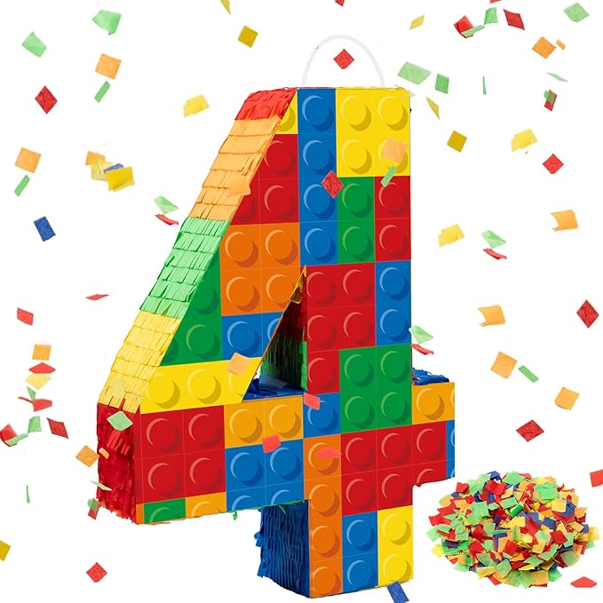 Number 4 Building Blocks Piñata 16.5 Inch Party Supplies Birthday Party Decorations Piñata with Confetti Blocks Theme Fiesta Anniversary Celebration