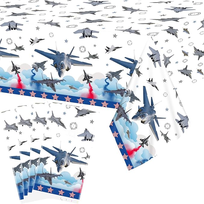 4 Pcs Fighter Jet Pilot Party Tablecloth Decorations, Waterproof Rectangular Table Cover, for Pilot Aviation Party Supplies 52 x 108 Inch