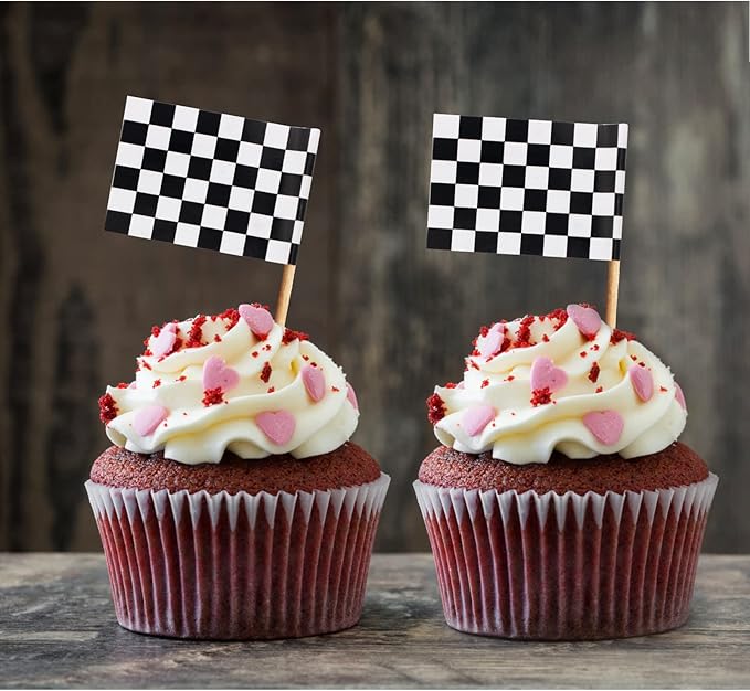 BLUE TOP 100 Pcs Checkered Black and White Racing Stick Flag,Small Toothpick Mini Stick Cupcake Toppers Picks Party Decoration Olympic Games Celebration Cocktail picks for Party Bar Sport events.