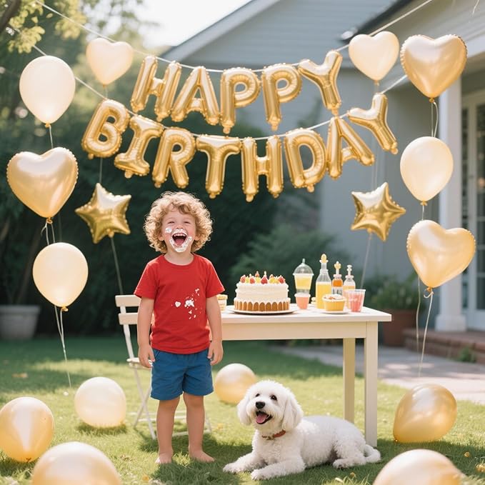 27 Pcs Champagne Gold Birthday Decorations, 3D Letters Champagne Gold Happy Birthday Balloon Banner, Pentagram Heart Foil Balloons Confetti Balloons Kit For Boys Girls Party Supplies