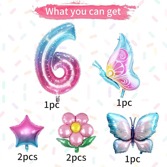 Butterfly Balloon 6th Birthday Decorations, Colorful Gradient Pink Foil Balloons for Fairy Party, Girl Party Supplies, Baby Shower