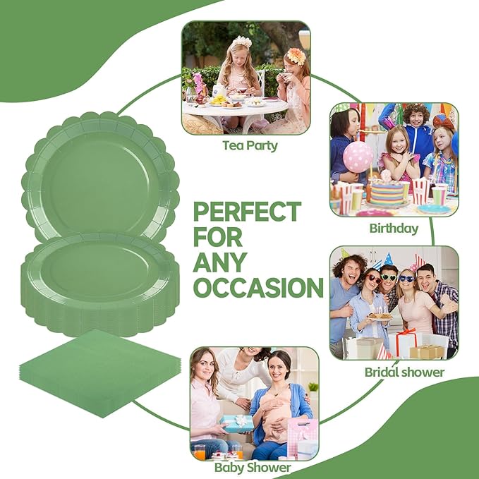 50pcs Sagegreen Paper Plates&Napkins Party Supplies-7Inch Scalloped Dessert Plates Disposable Sage Green Cake Plate Tableware Decoration for Baby Shower Birthday Wedding Bridal Serves 25