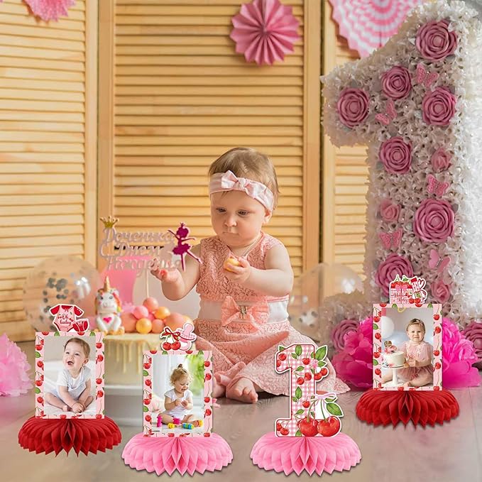 Cherry Birthday Decorations, Cherry Sweet One Party Decorations Honeycomb Centerpiece for Table, Cherries Photo Table Centerpiece for Fruit Girl Birthday Party Decor Supplies