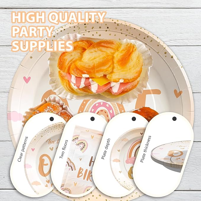 96Pcs Boho Rainbow 1st Birthday Decorations Isn't She Onederful Plates and Napkins Tableware Set Boho First Birthday Party Supplies for Onederful 1st Birthday Girl One Year Old Birthday Decor Serves24