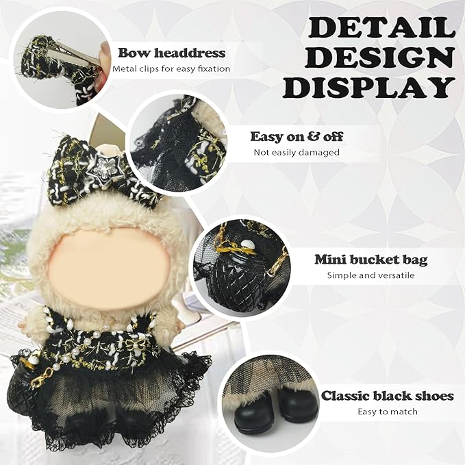 Clothes Compatible with LABUBU Doll – 4PCS Gothic Lace Set, 17cm Doll Clothes Designer Outfit for Starry Punk Theme, Chic Stylish Accessories for Labubu, No Doll (Dark Star Muse)