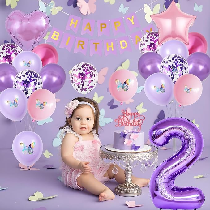 2nd Birthday Decoration for Girls,Pink Purple 2nd Balloon Number 2 Balloon with Butterfly Stickers Star Heart Foil Balloons Happy Birthday Banner for Baby 2 Year Old Party Decor